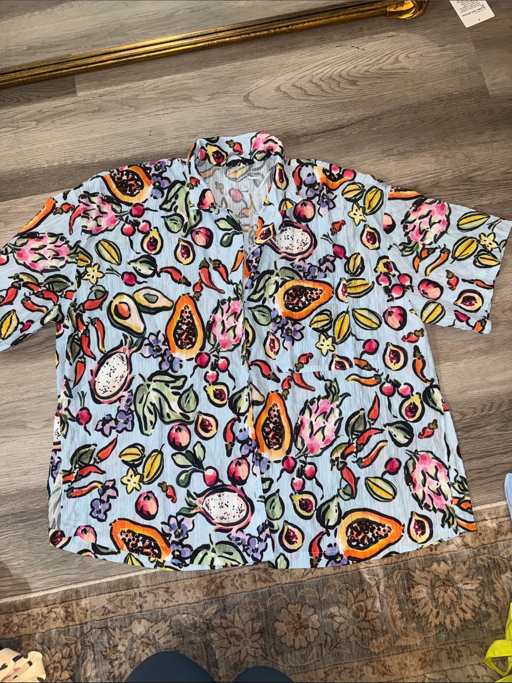 Zara Light Blue Tropical Fruit Print Short-Sleeve Shirt